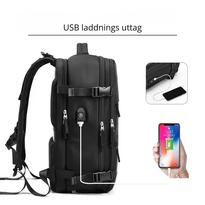 Multifunktionell Reseryggsäck 35L – Skofack, 180° öppning & handbagage