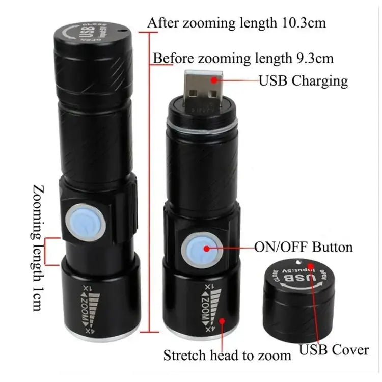 Cree Q5 LED Ficklampa med Zoom – 3 Ljuslägen och 180LM – Kompakt 18650-modell