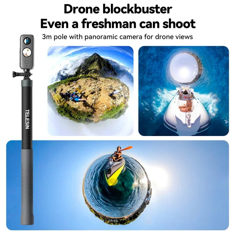 TELESIN 3M Kolfiber Selfie Stick Einbeinstativ mit 1/4"-Gänge