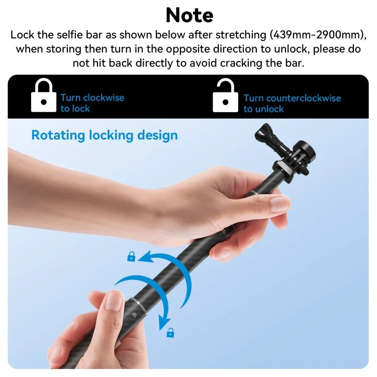 TELESIN 3M Kolfiber Selfie Stick Einbeinstativ mit 1/4"-Gänge