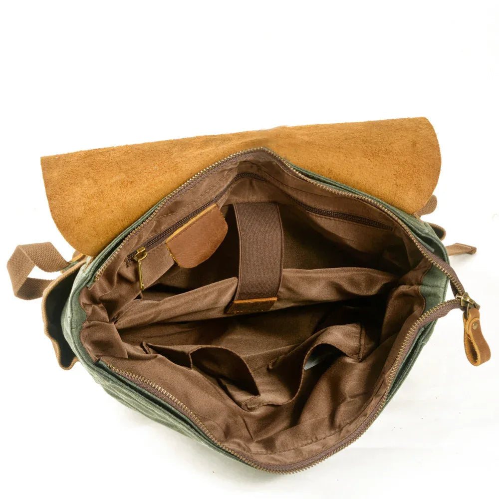 Canvas Stitching Horse Leather Backpack Oil Wax Waterproof Computer Schoolbag