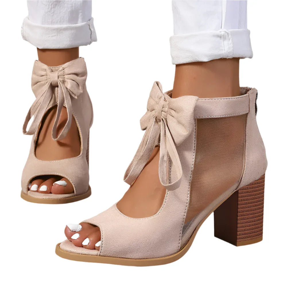 Chunky High Heels Women's Sandals Bow Decoration Open Toe Block Ankle Strap Shoes
