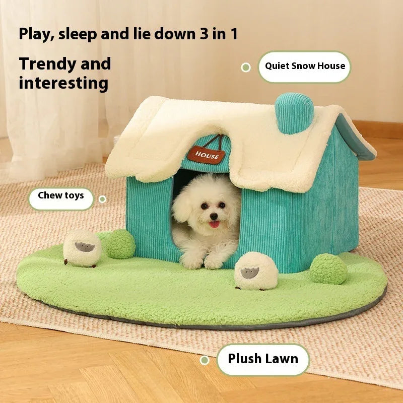 Creative Cute Cartoon Warm Pet Bed House And Plush Lawn With Multiple Dog Chew Toys