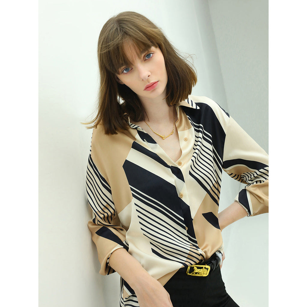 Abstract Geometric Print Silk Khaki Shirt-0