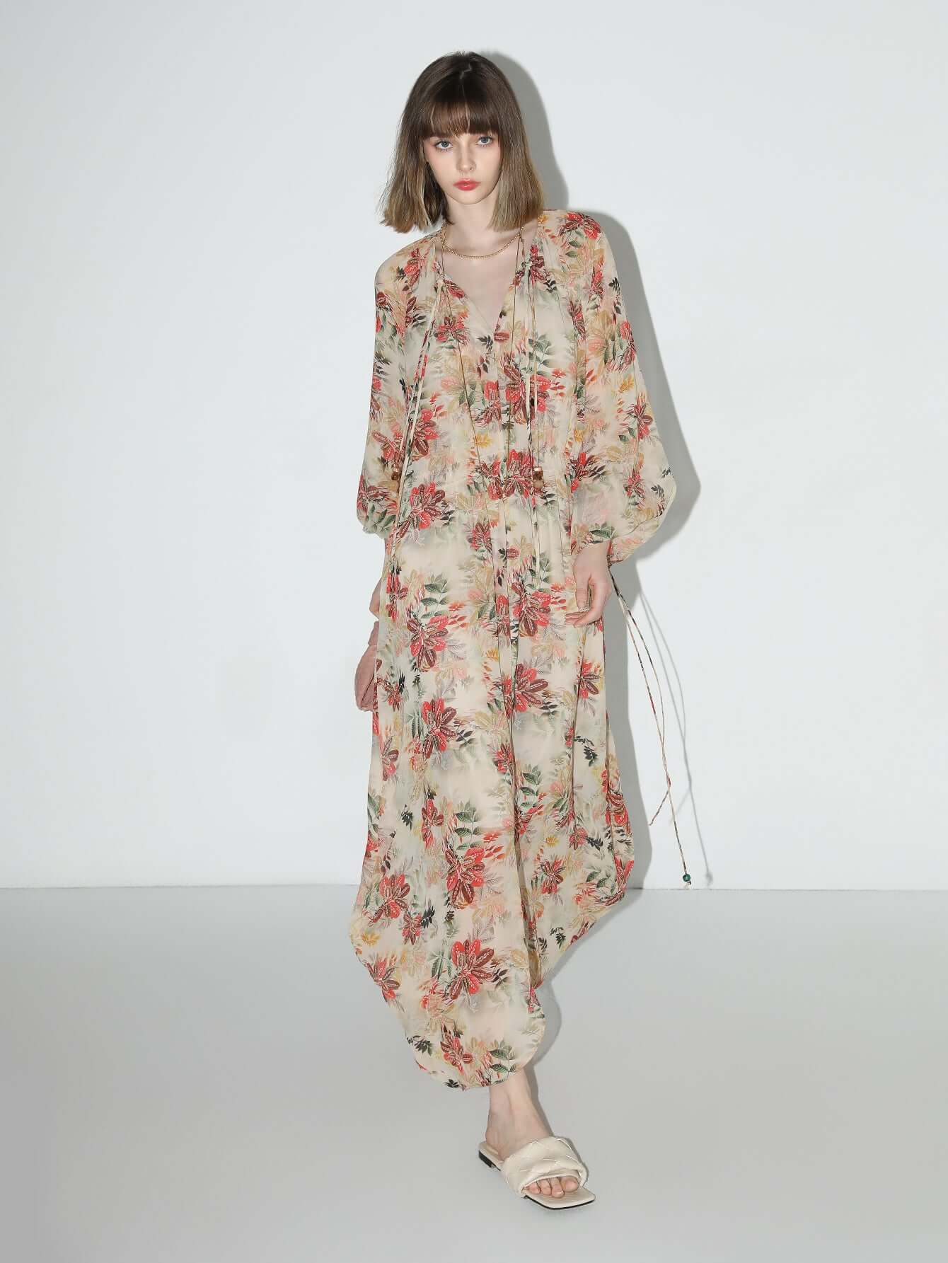 Autumn Floral Chiffon Maxi Dress