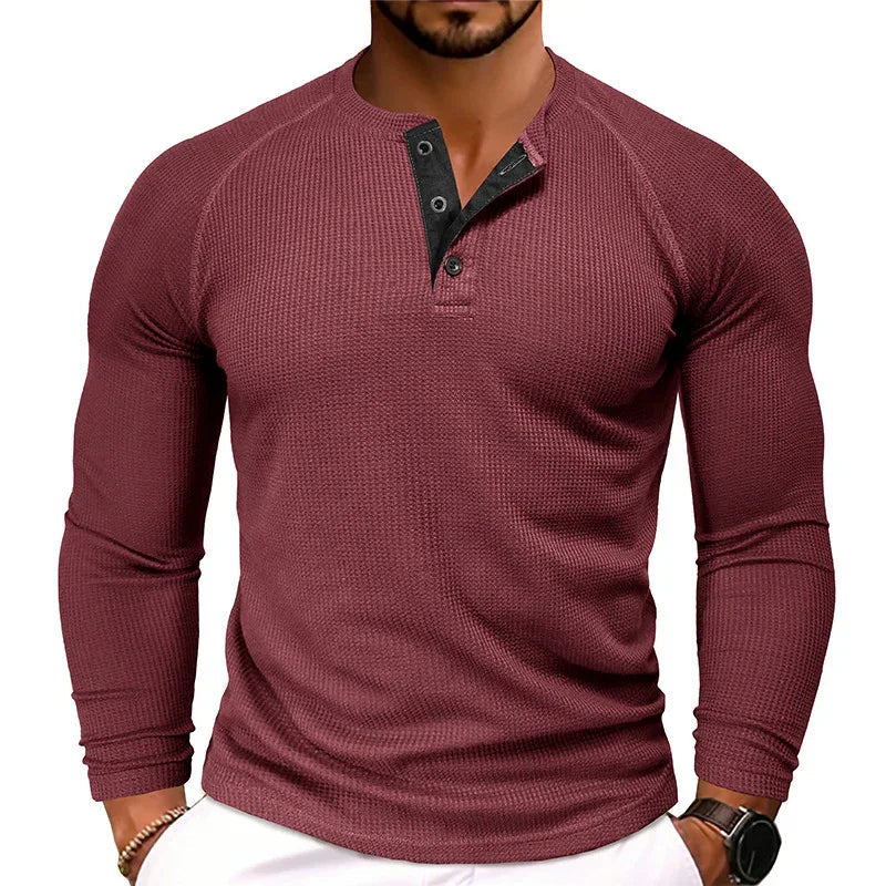 Men's Round Neck Waffle Casual Buttoned Long Sleeve T-Shirt