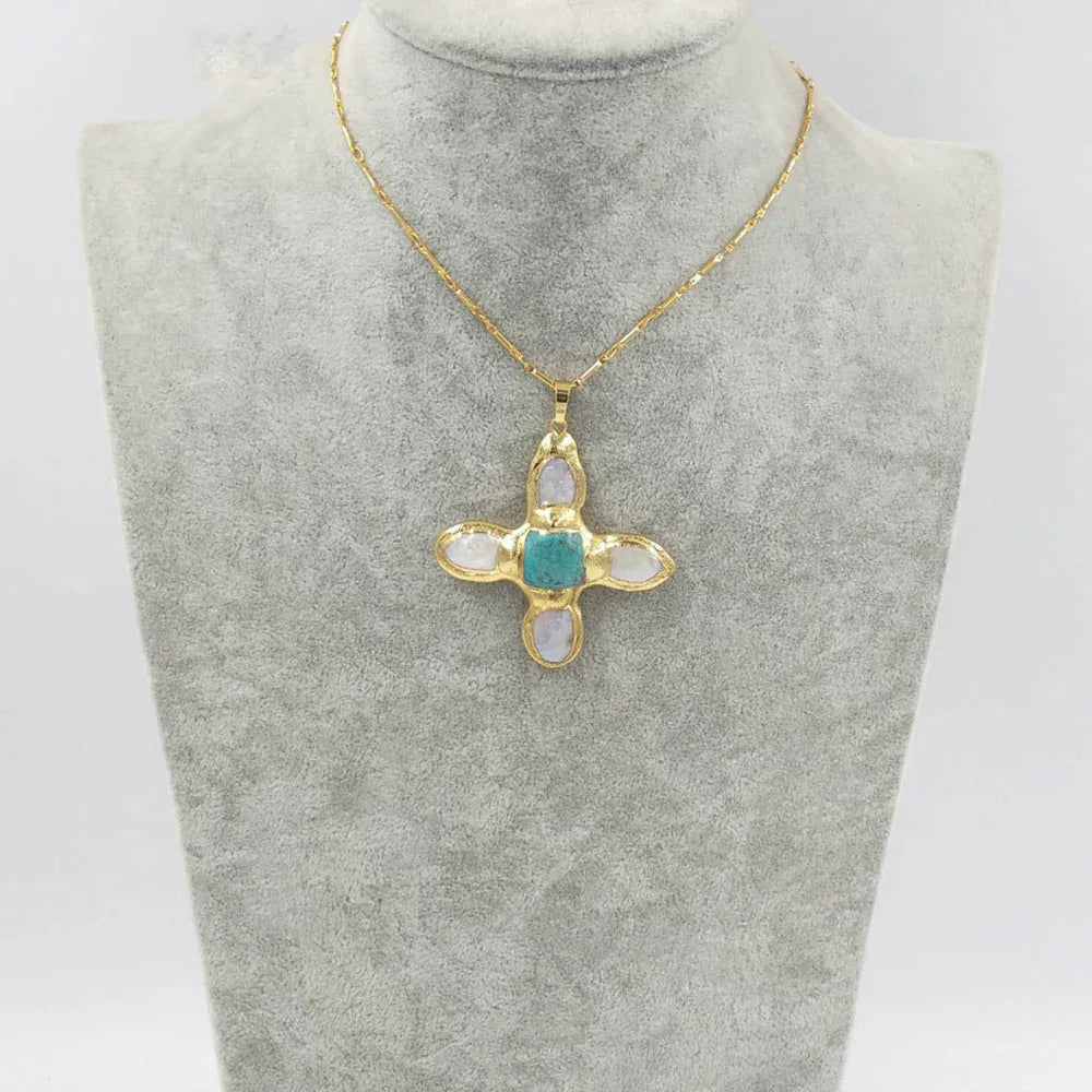 Cross Shape Turquoise Freshwater Pearl 18K Gold-Plated Inlaid Pendant Necklace