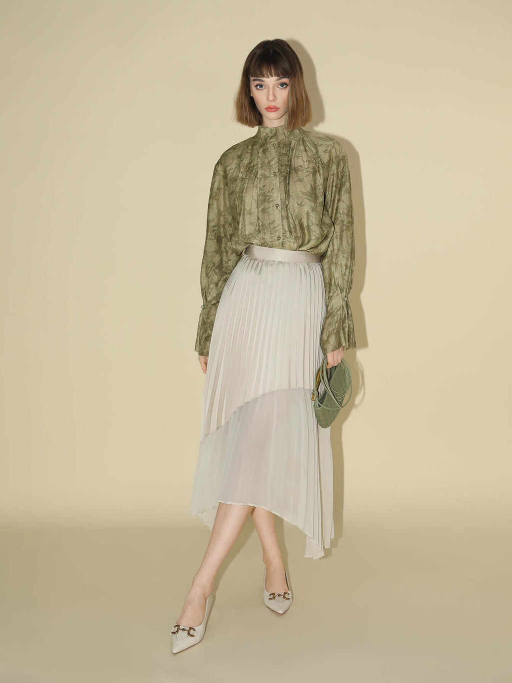 Bamboo Leaf Jacquard Ruffled Long Sleeve Blouse-0