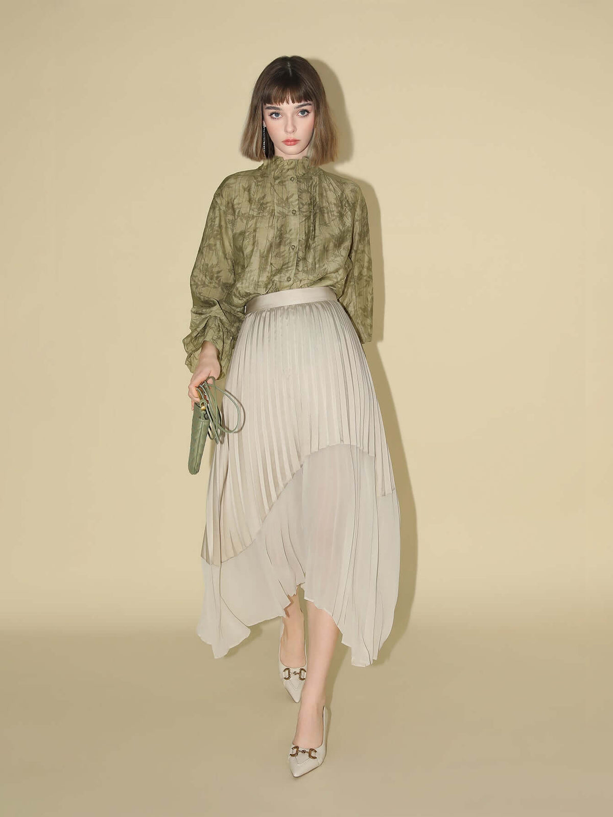 Bamboo Leaf Jacquard Ruffled Long Sleeve Blouse