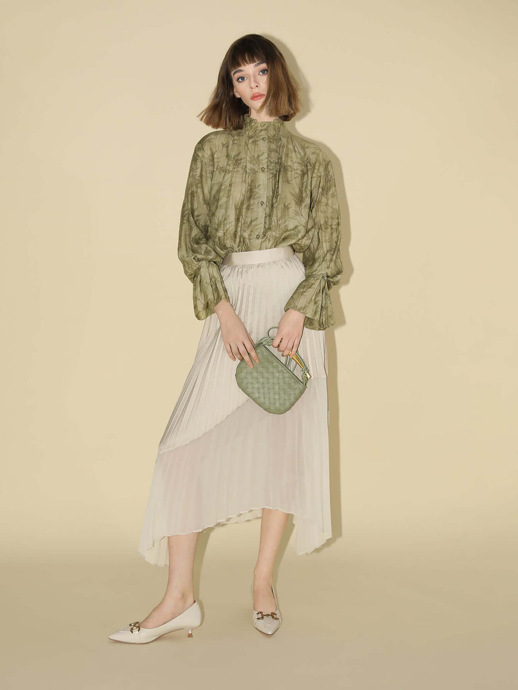 Bamboo Leaf Jacquard Ruffled Long Sleeve Blouse