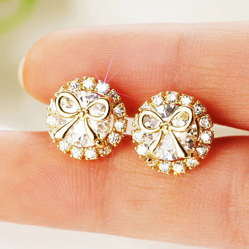 Women's Bow Stud Earrings Sweet Accessory Micro Inlaid Zircon
