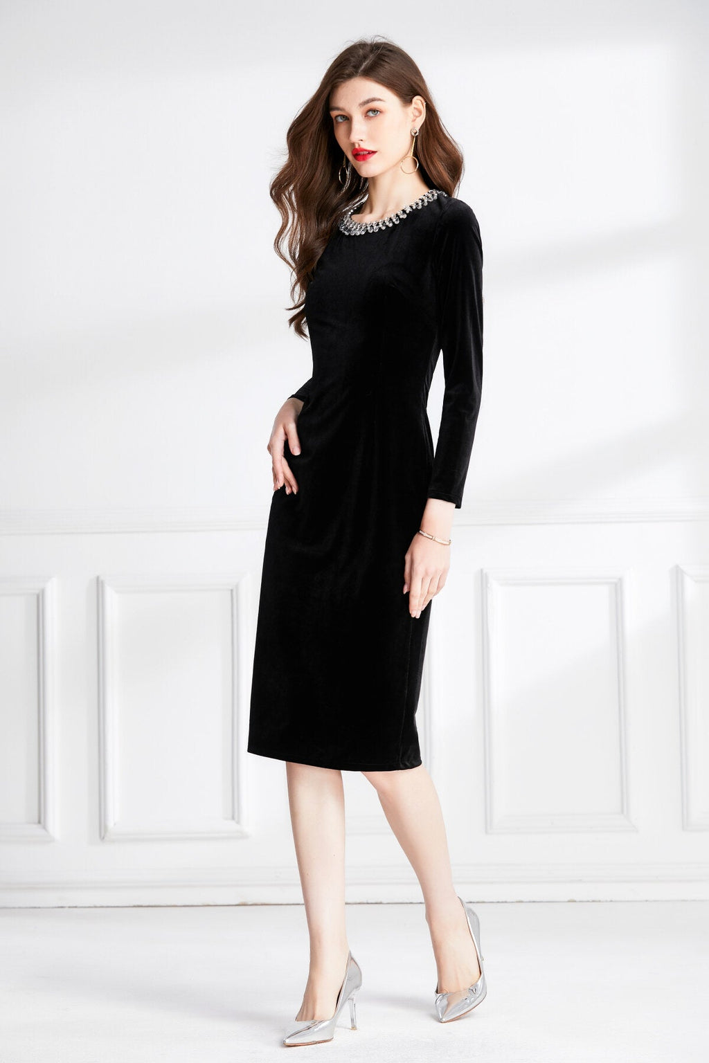 Beaded Vintage High Waist Slit Black Velvet Maxi Dress-1