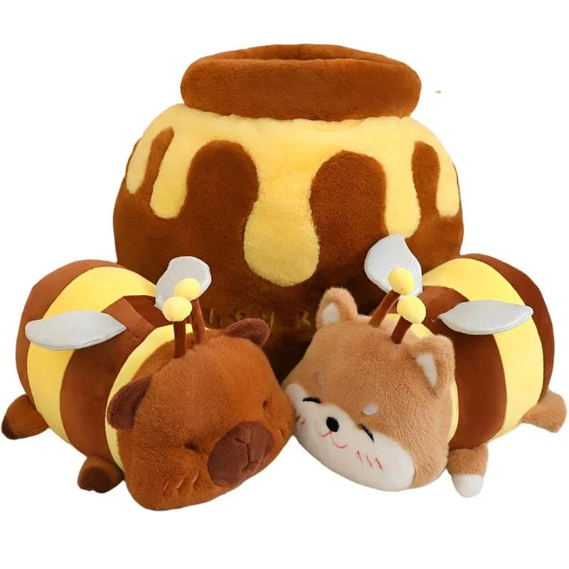 Bee-Capybara And Bee-Shiba Inu Doll Plush Toys With Plush Honey Jar