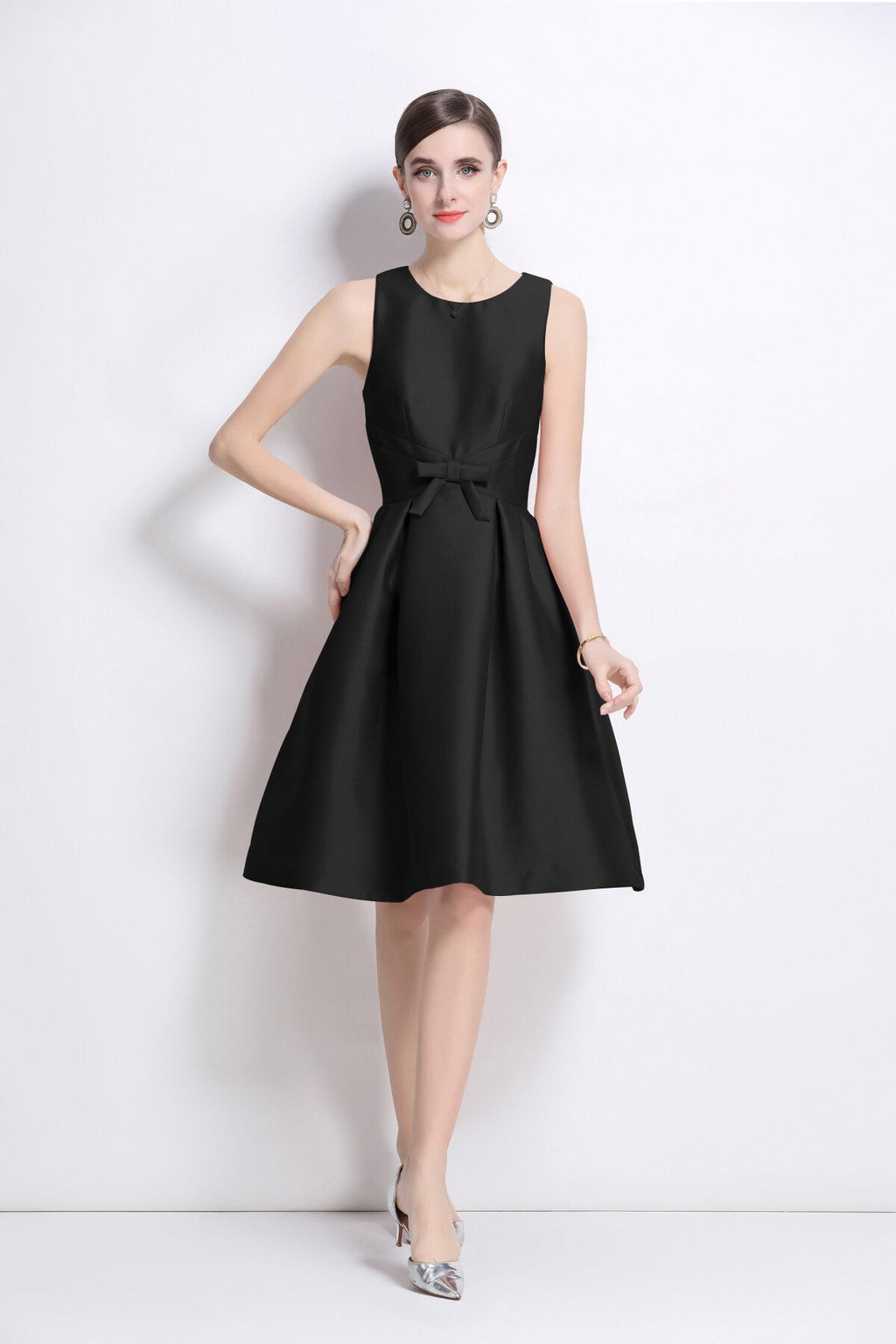 Belted Bowknot Satin Fitted Midi Dress