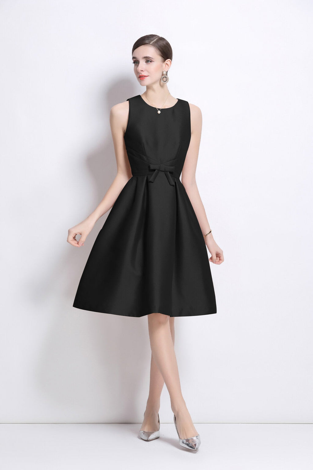 Belted Bowknot Satin Fitted Midi Dress