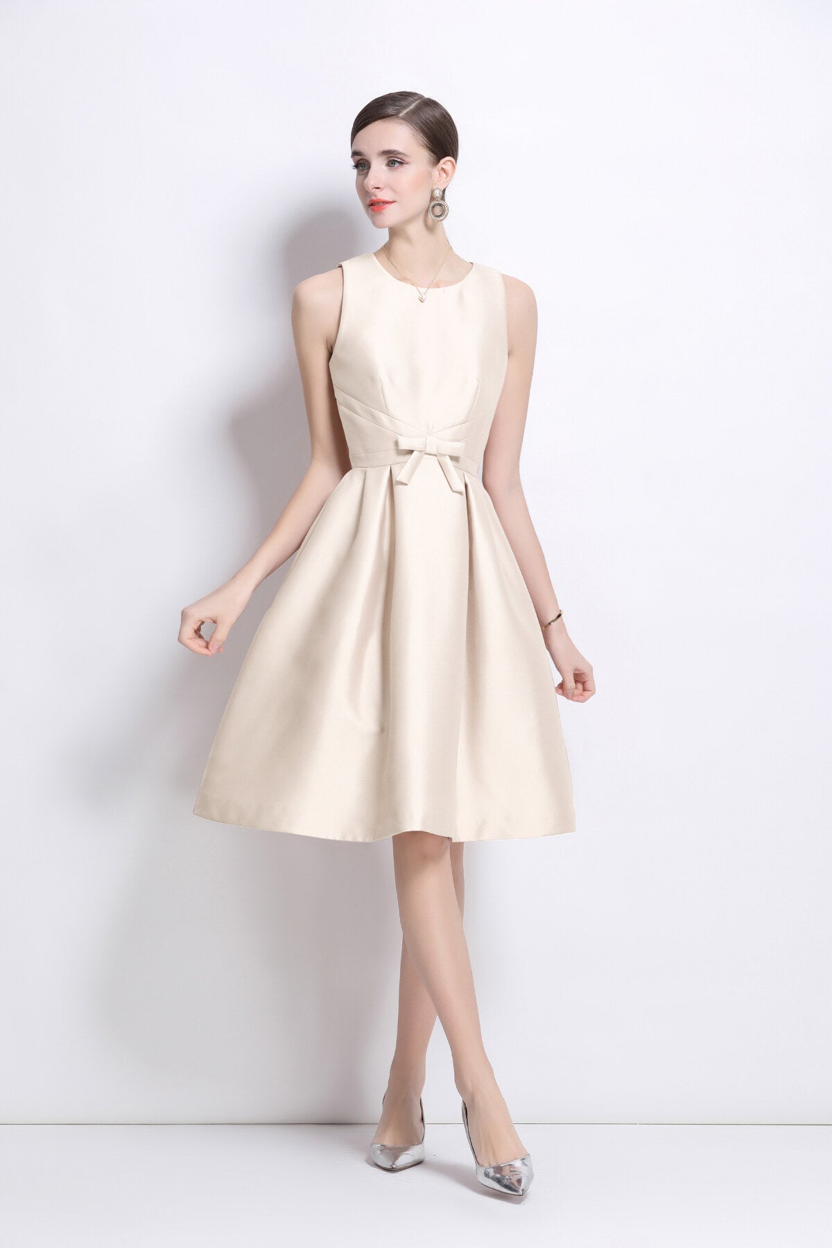 Belted Bowknot Satin Fitted Midi Dress