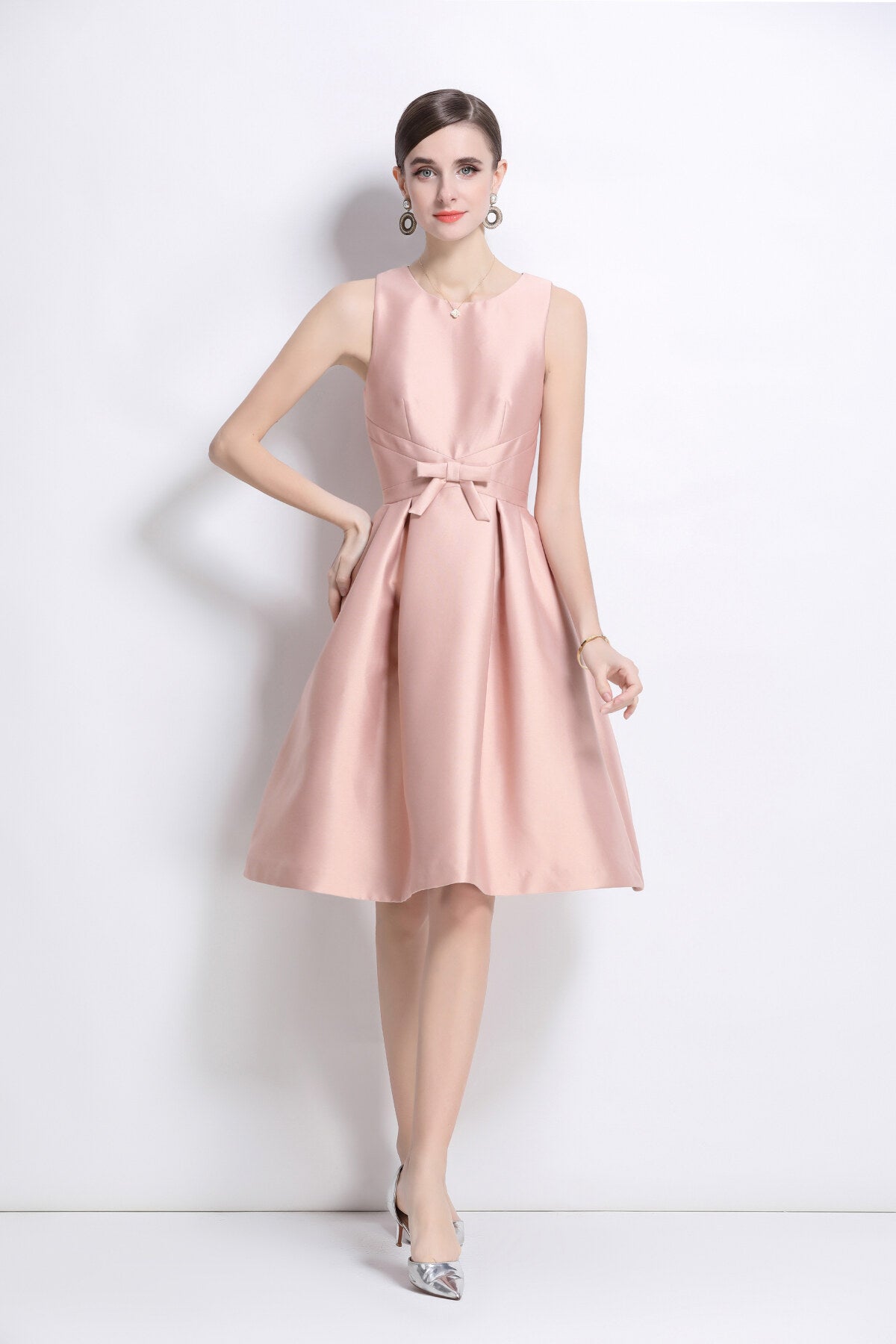 Belted Bowknot Satin Fitted Midi Dress
