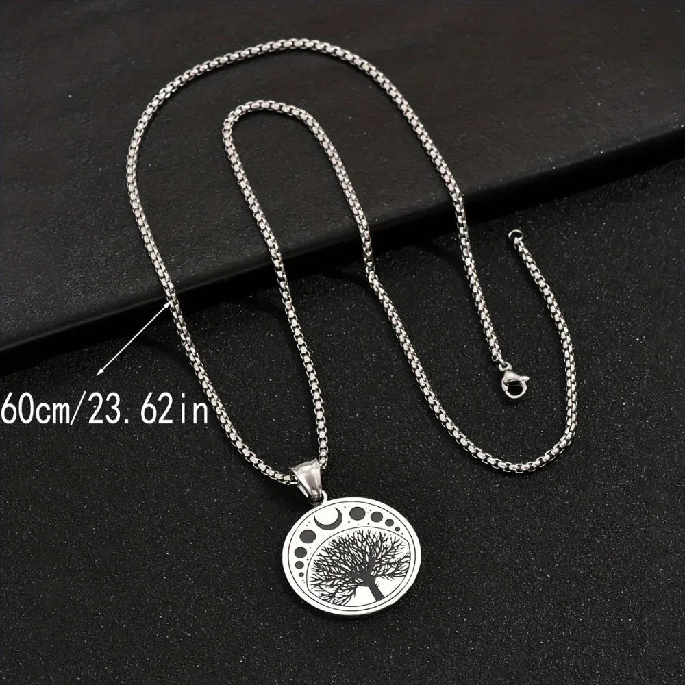 Men's Round Stainless Steel Tree Life Pendant Necklace