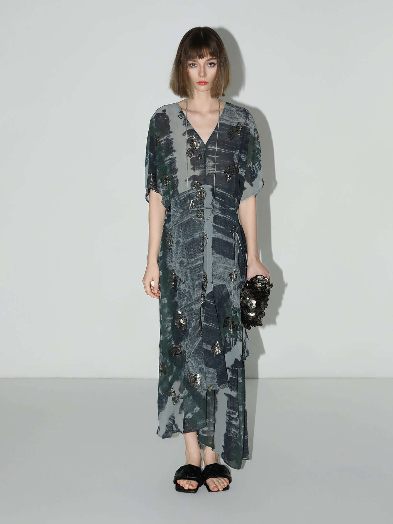 Black and Grey Tie-Dye Print Chiffon Dress
