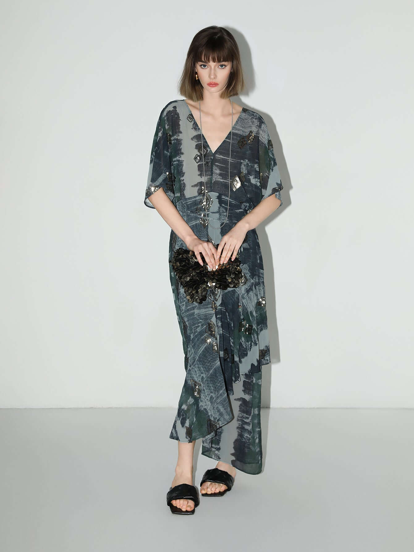 Black and Grey Tie-Dye Print Chiffon Dress