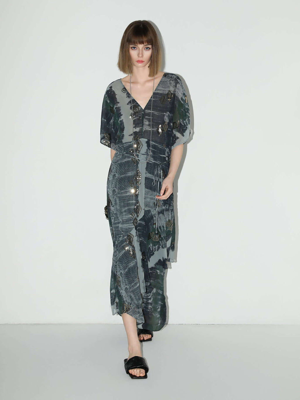 Black and Grey Tie-Dye Print Chiffon Dress