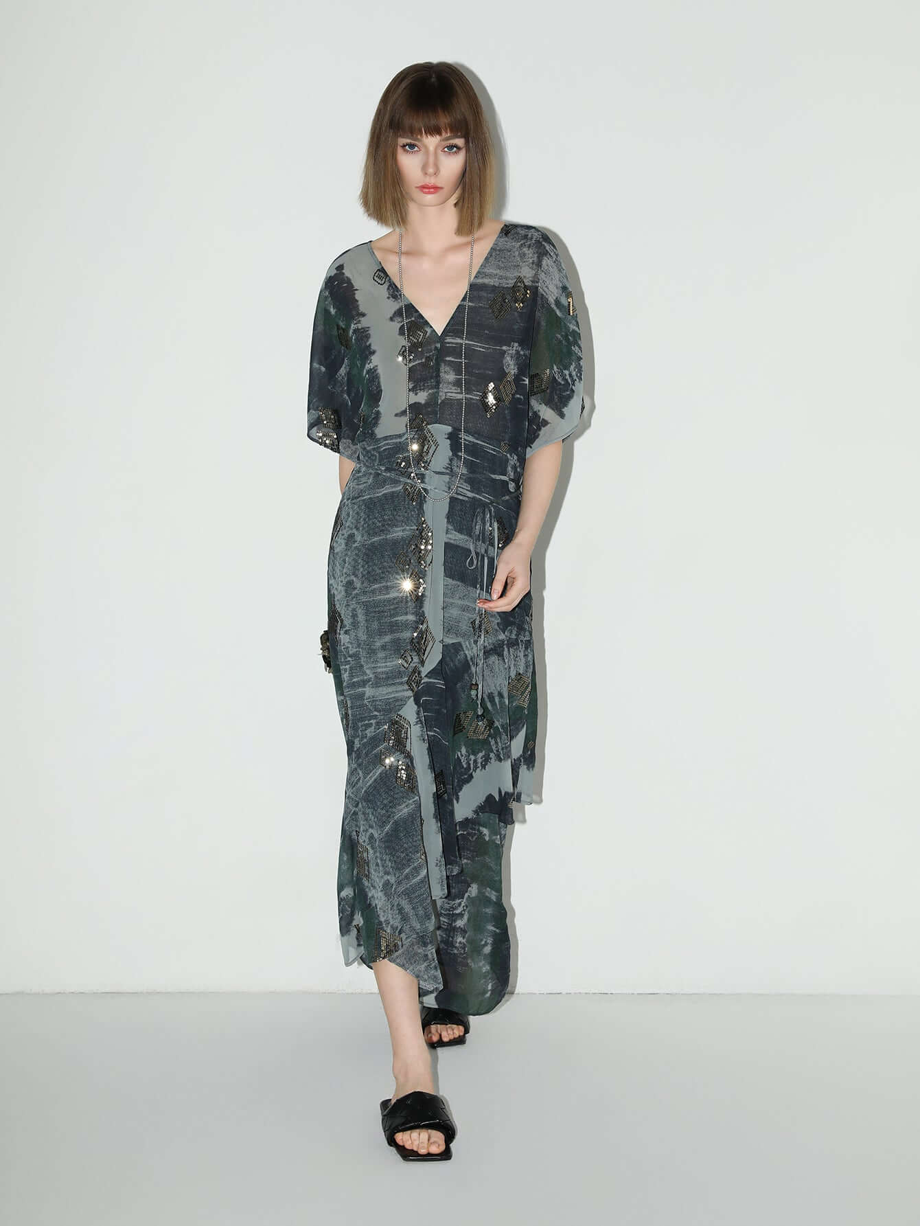 Black and Grey Tie-Dye Print Chiffon Dress