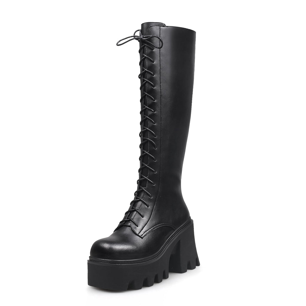 Black Lace-Up Knee-High Boots-1