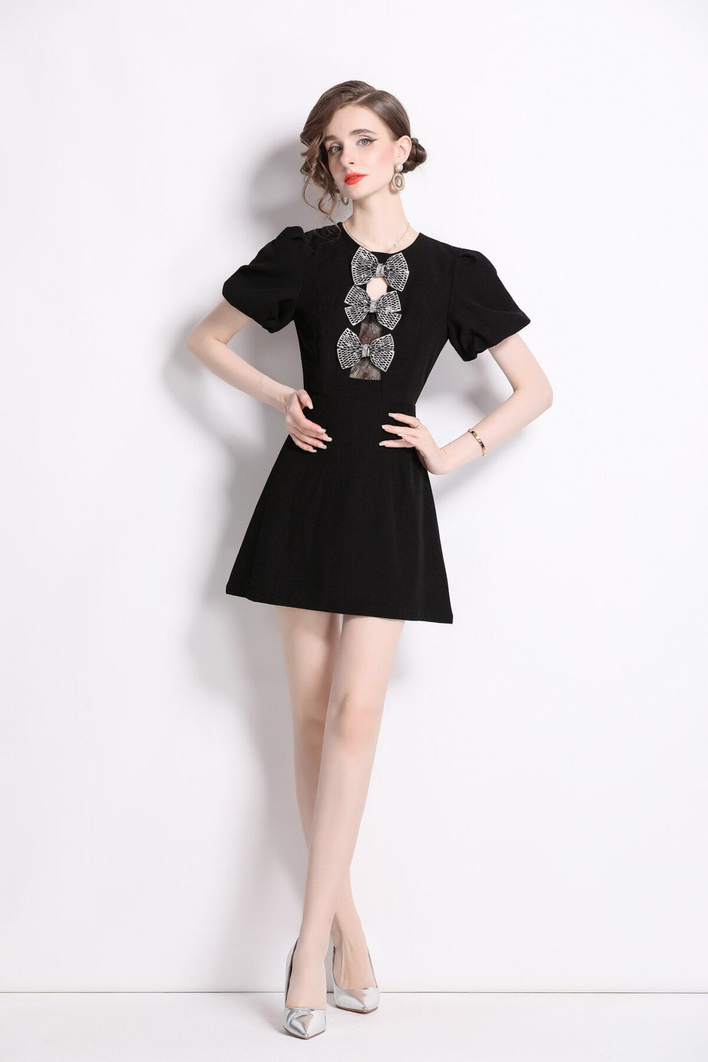 Black Puff Sleeve A Line Mini Dress