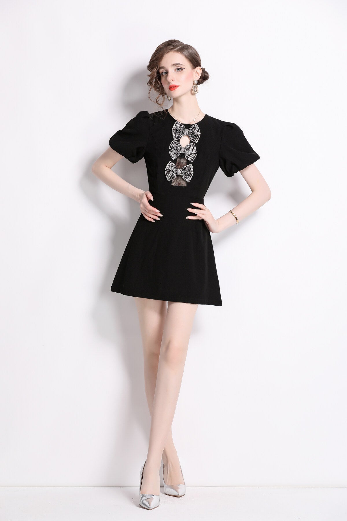Black Puff Sleeve A Line Mini Dress
