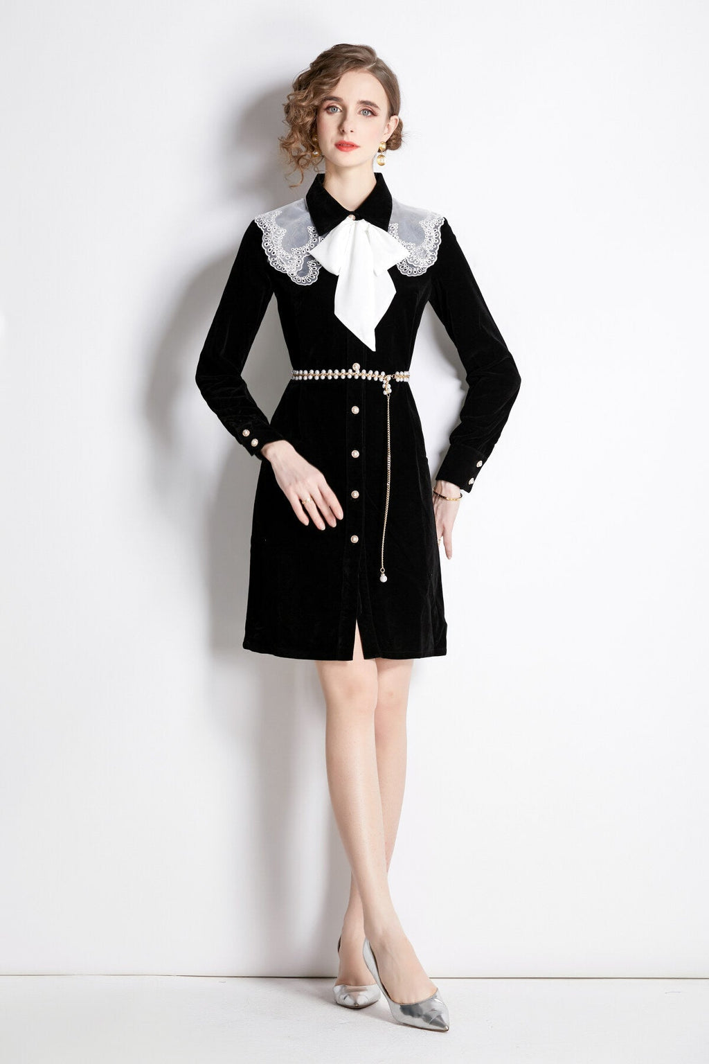 Black Velvet Embroidered Collar Button Up Long Sleeve Dress