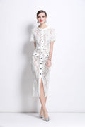 Blanca Slim Fit Round Neck Button Down Lace Dress-0