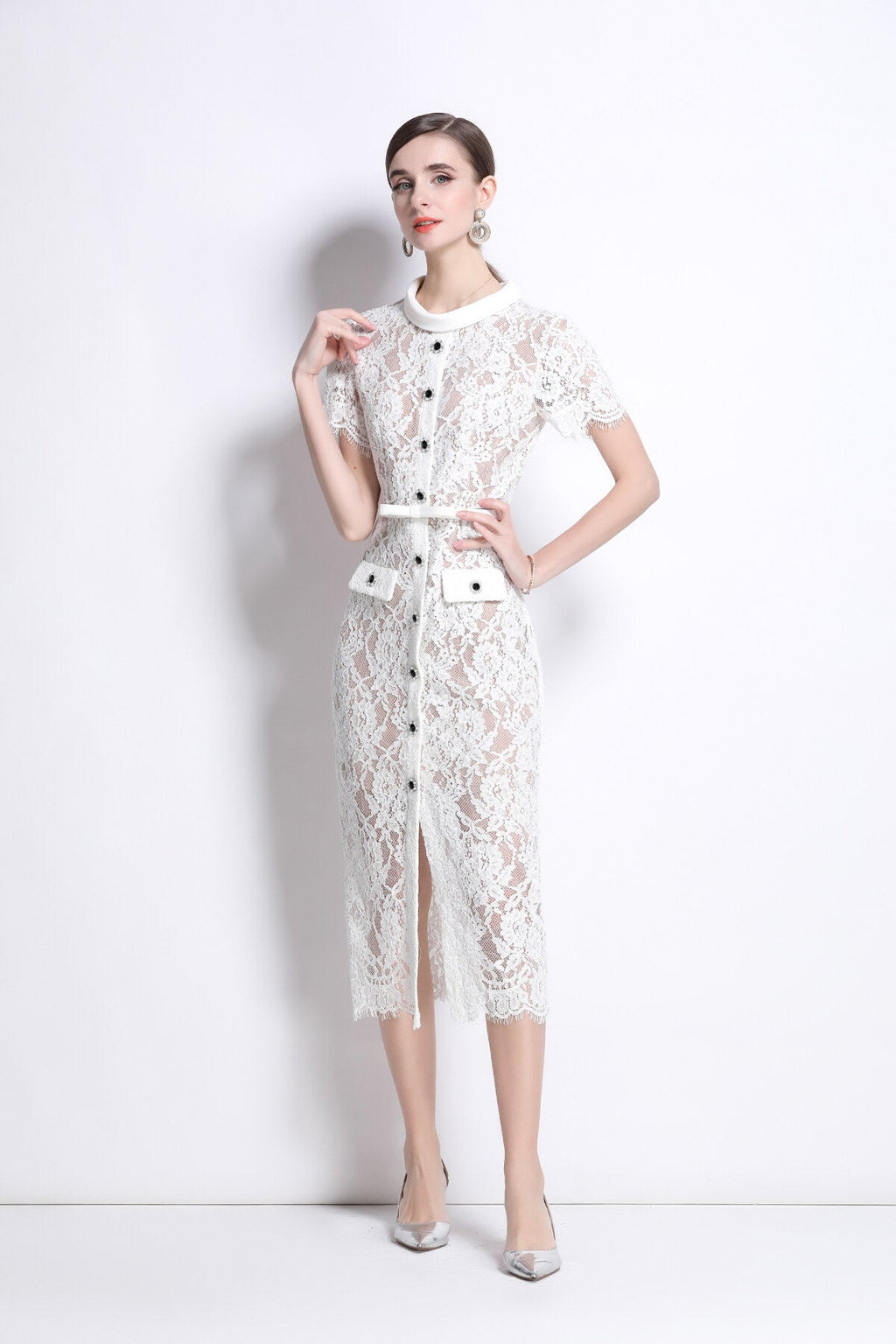 Blanca Slim Fit Round Neck Button Down Lace Dress