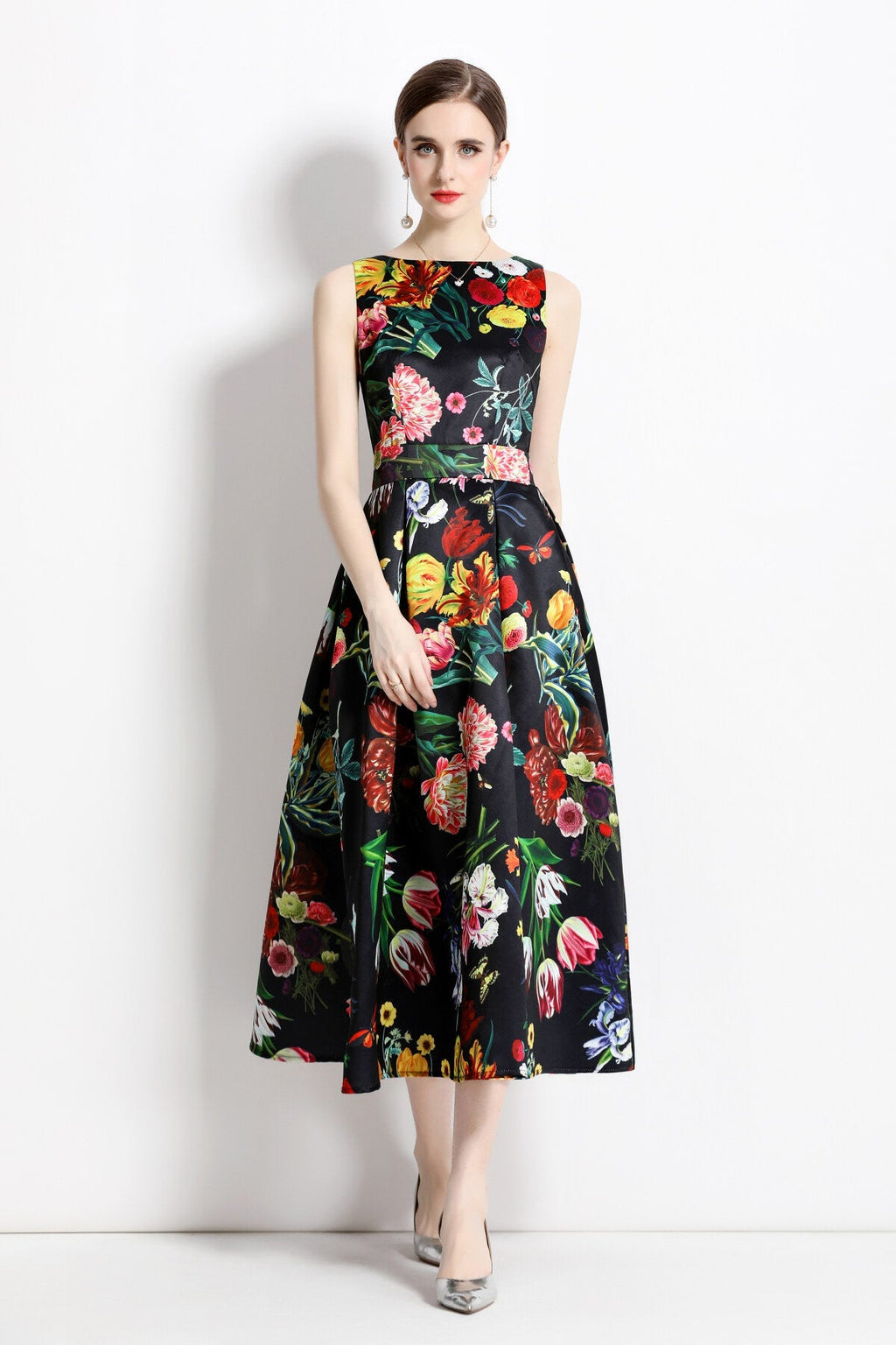 Blooming Garden Sleeveless Pleated A Line Tea Dress