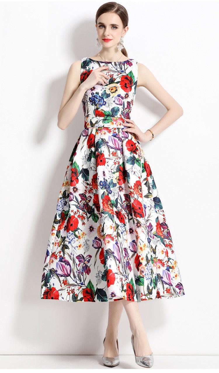 Blooming Garden Sleeveless Pleated A Line Tea Dress