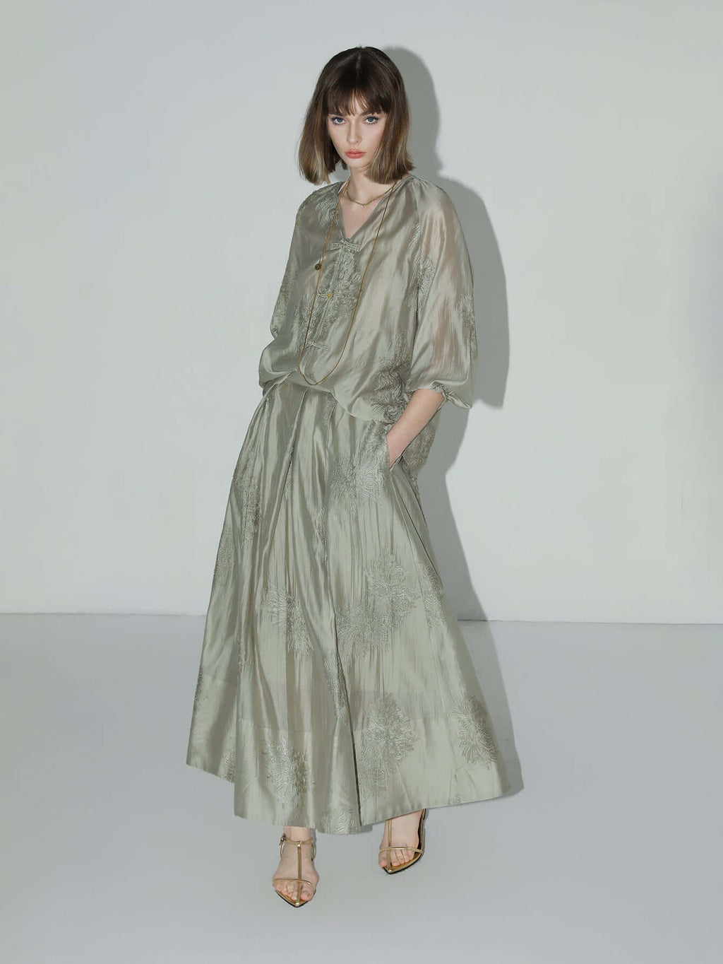 Brocade Button Embroidered Mint Green Kaftan Dress