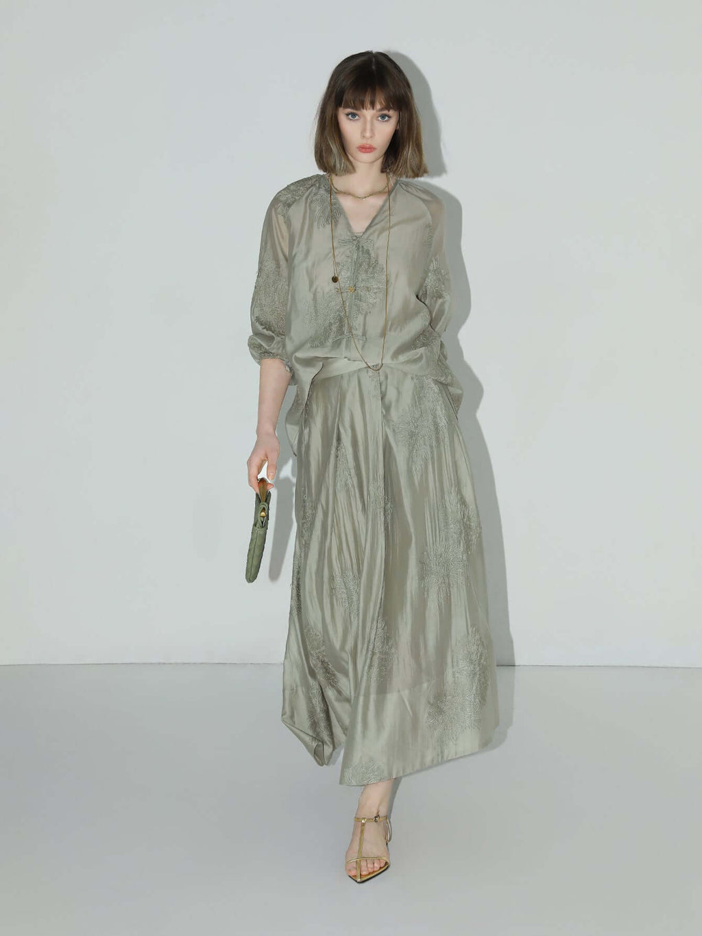Brocade Button Embroidered Mint Green Kaftan Dress