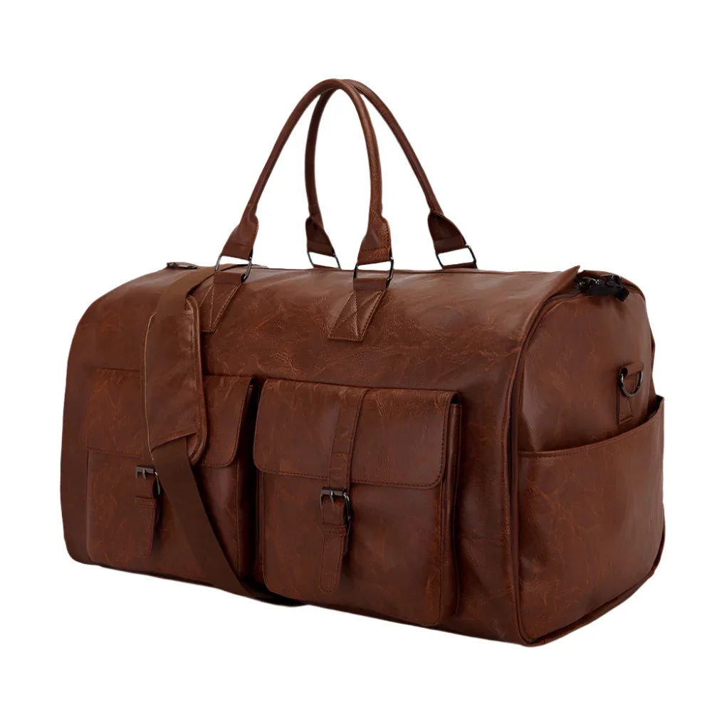 Brown PU Leather Duffle Convenient Travel Luggage Bag With Shoulder Strap