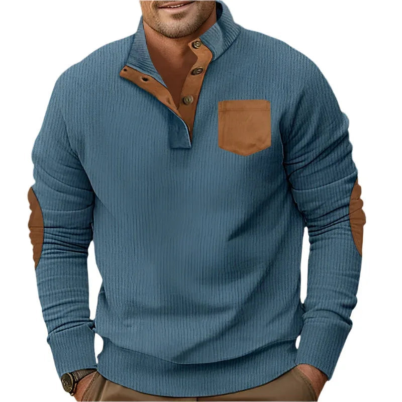 Buttoned Standing Collar Men's Sweater With Chest Pocket