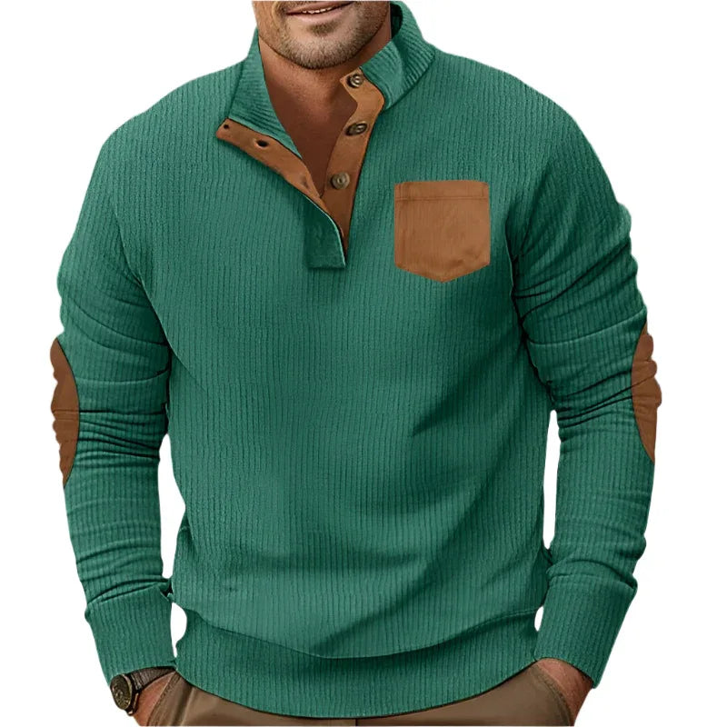Buttoned Standing Collar Men's Sweater With Chest Pocket