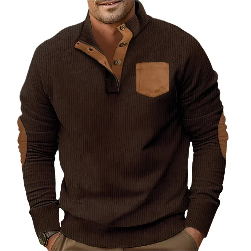 Buttoned Standing Collar Men's Sweater With Chest Pocket