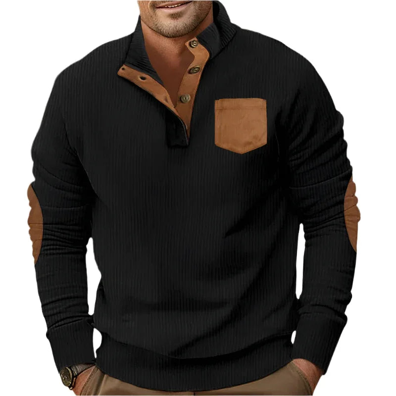Buttoned Standing Collar Men's Sweater With Chest Pocket