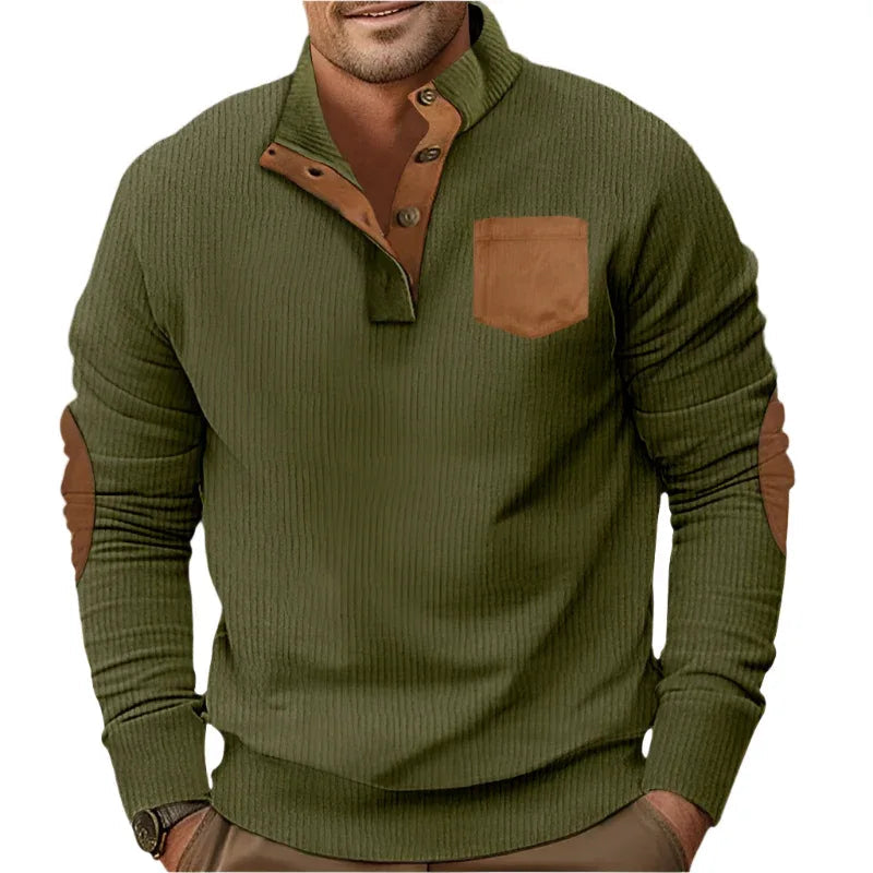 Buttoned Standing Collar Men's Sweater With Chest Pocket