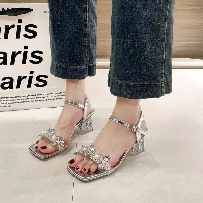 Chunky Heel Rhinestone One-Strap Outdoor High Heels Sandals