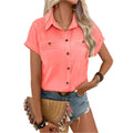 Lapel Shoulder Pleated Pocket Short Sleeve Top T-Shirt For Women