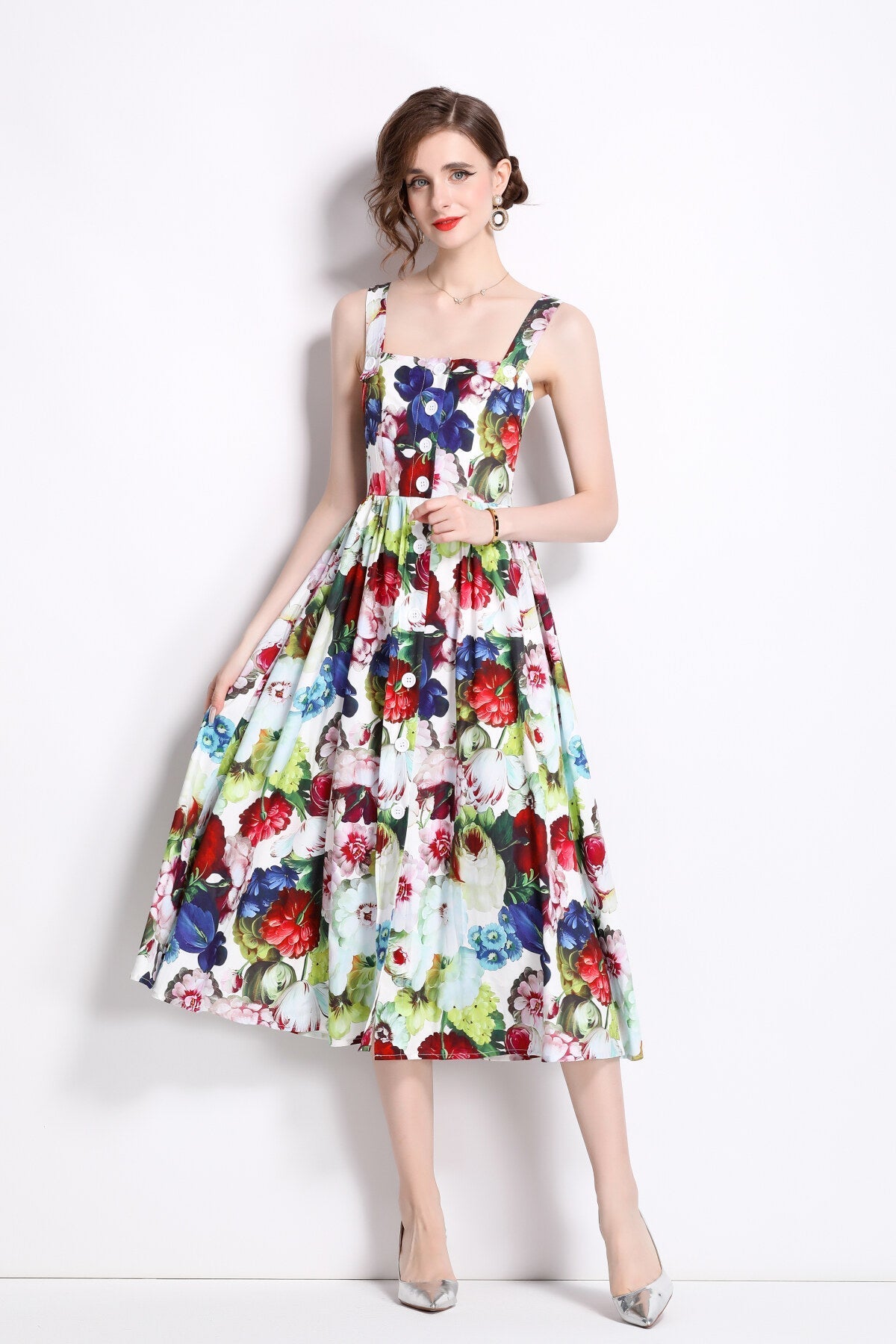 Carnival Thick Strap Flared Midi Dress