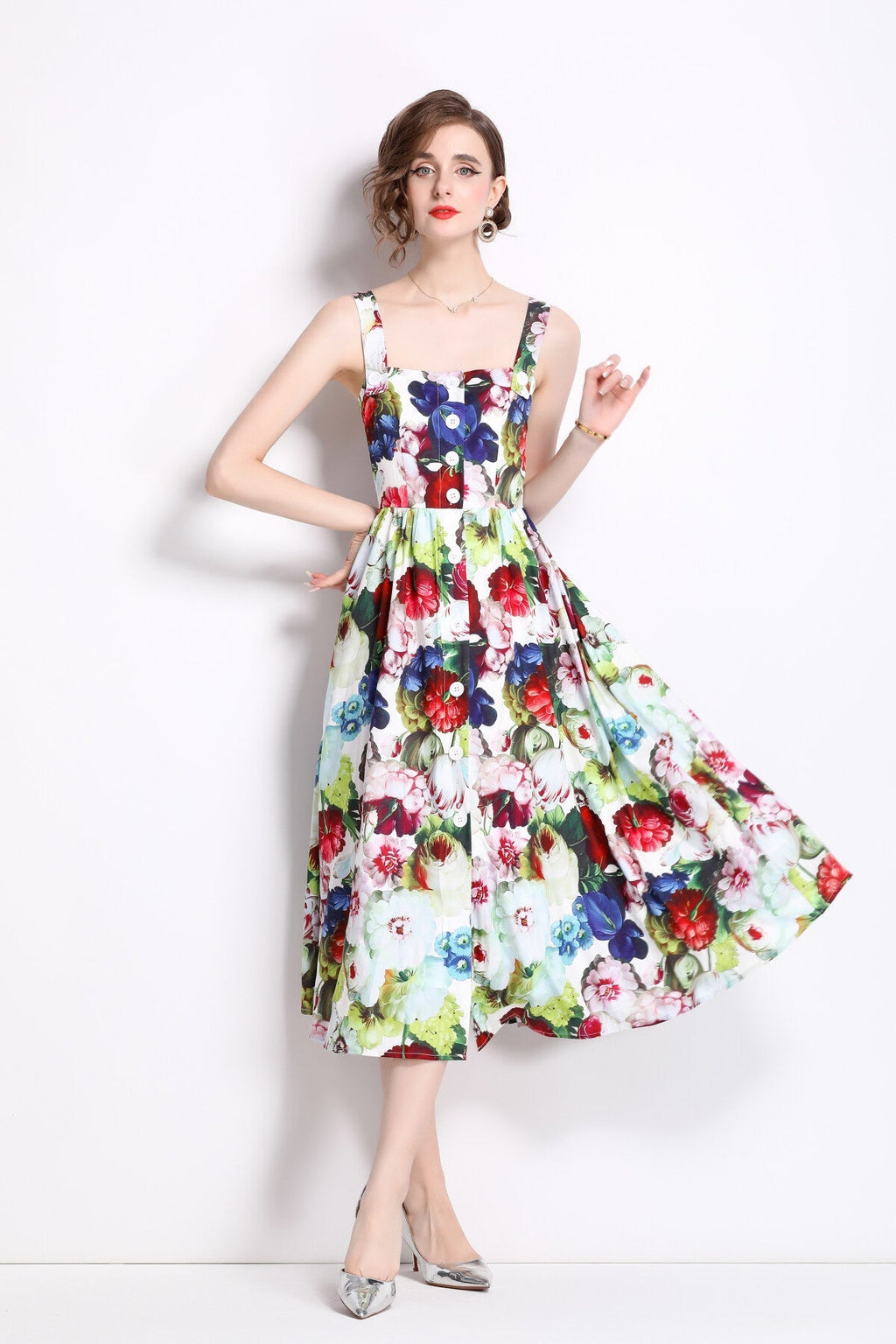 Carnival Thick Strap Flared Midi Dress