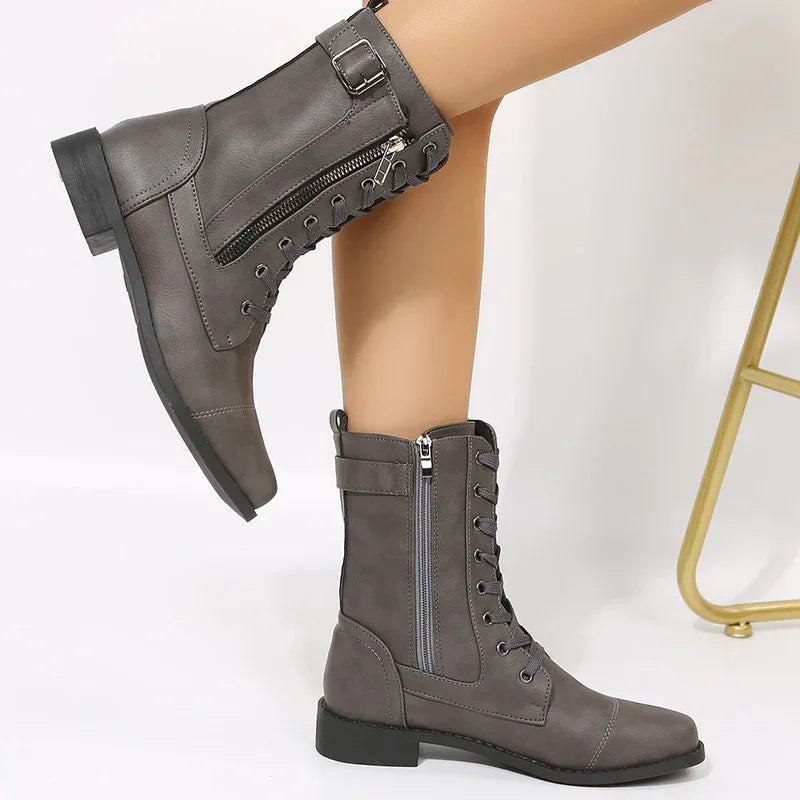 Lace-Up Western Cowboy Boots With Side Zipper Shoes For Women
