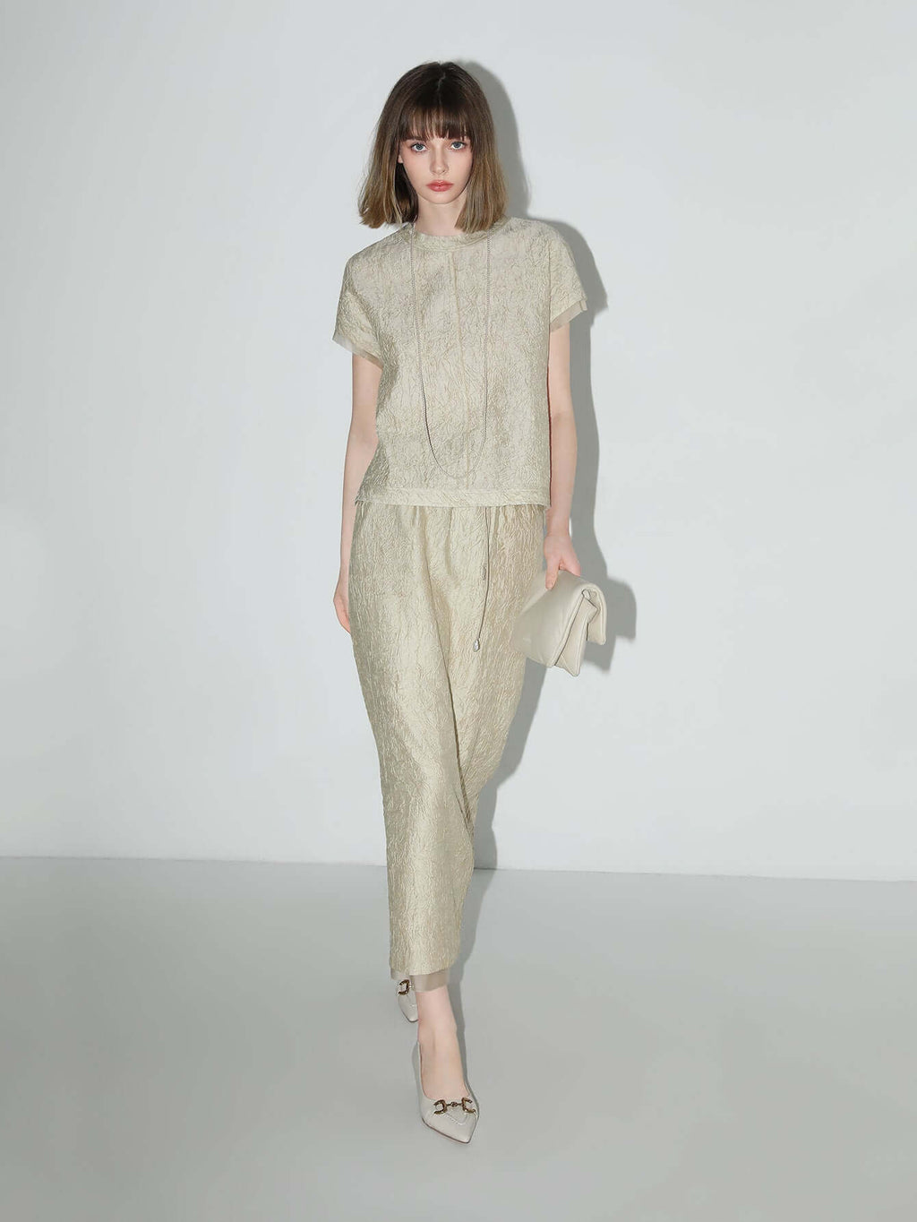 Champagne Satin Tee with Crumpled Texture-0