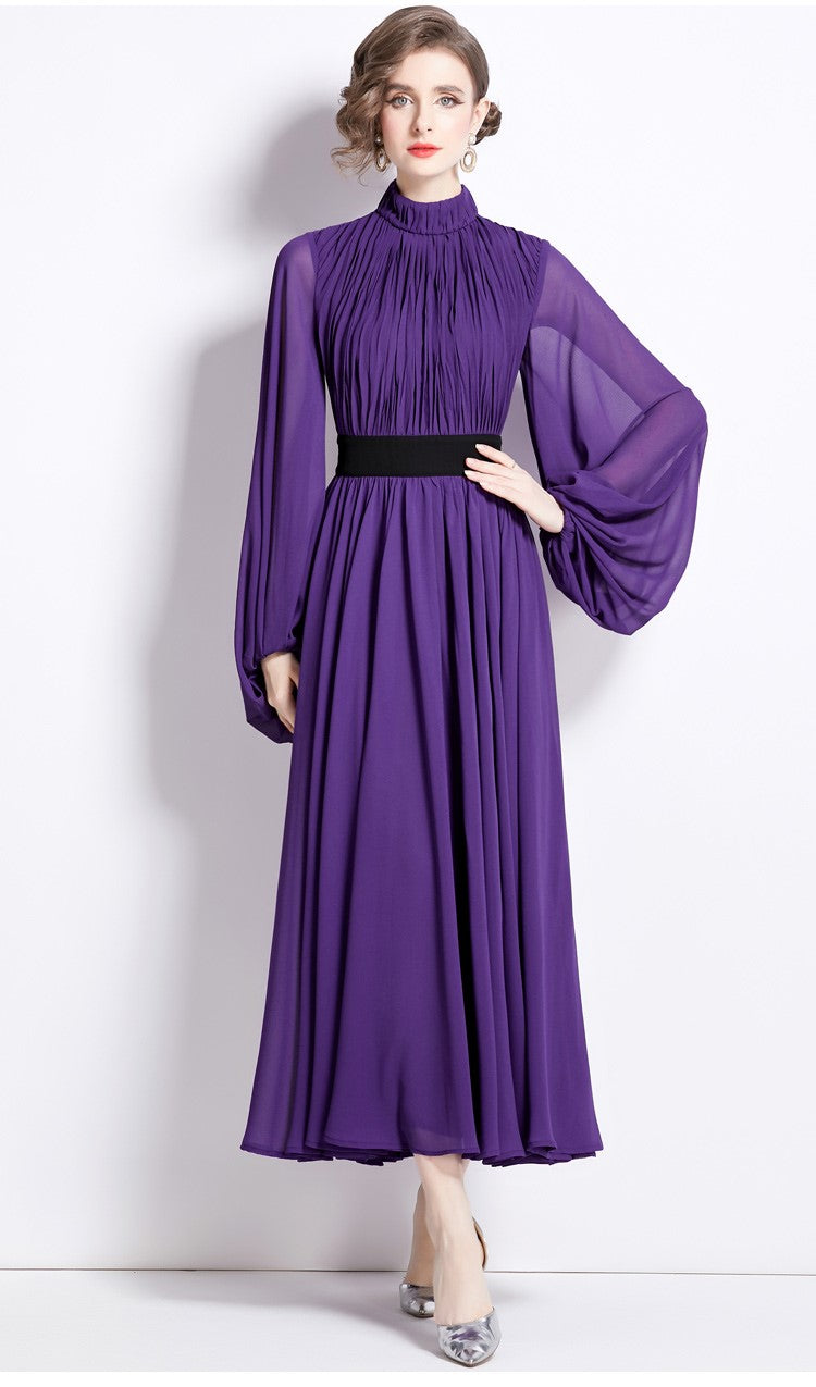 Cinched Waist Flowing Purple Chiffon Maxi Dress