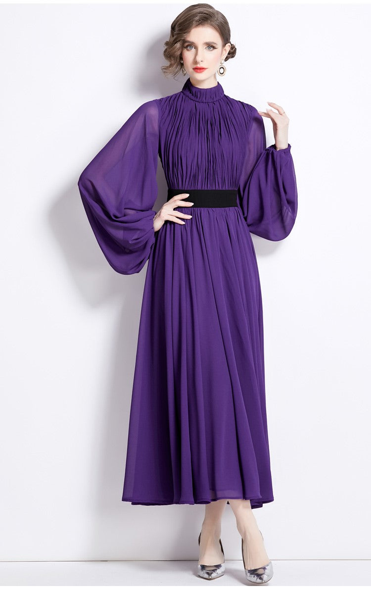 Cinched Waist Flowing Purple Chiffon Maxi Dress